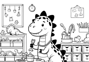 Süßes Dinosaurier-Mädchen im Kinderzimmer beim Spielen