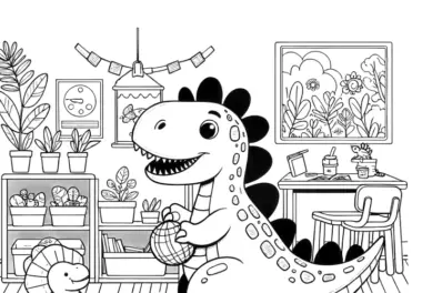 Süßer Dinosaurier-Junge beim Spielen im Kinderzimmer