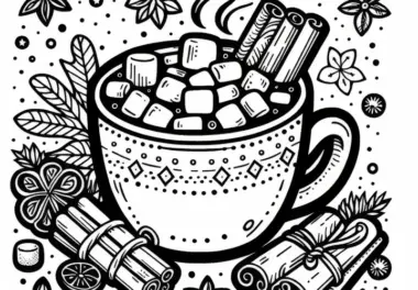 Tasse mit heißer Schokolade, Marshmallows und Zimtstangen – Ausmalbild für den Adventskalender
