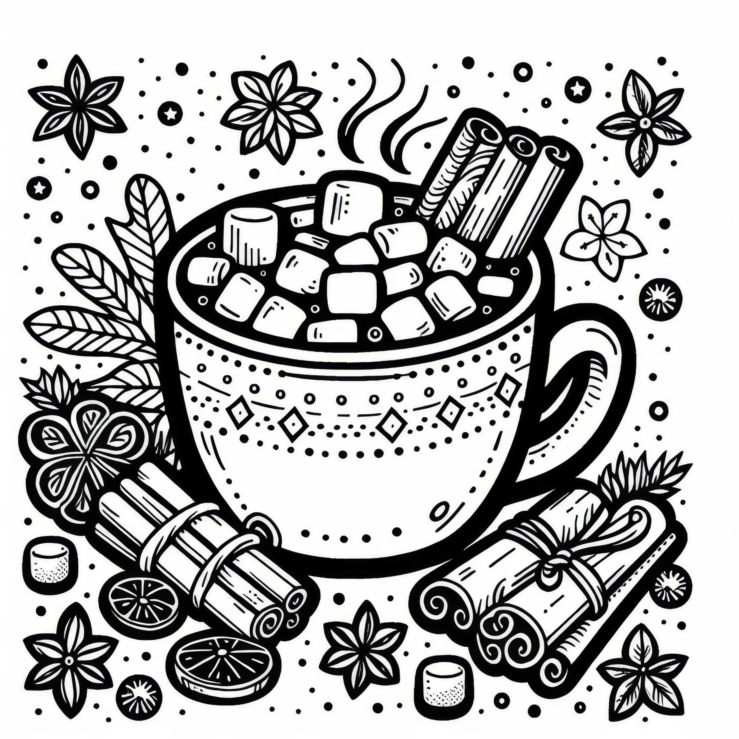 Tasse mit heißer Schokolade, Marshmallows und Zimtstangen – Ausmalbild für den Adventskalender