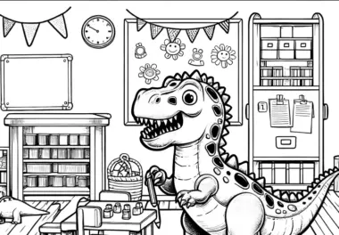 Kleiner T-Rex Dinosaurier beim Spielen im Klassenzimmer
