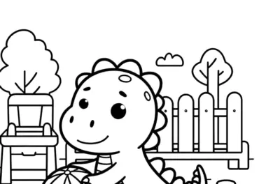 Kleiner Dinosaurier mit Ball auf dem Spielplatz