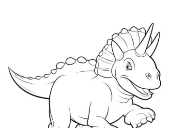 Springender Dinosaurier mit drei Hörnern und Nackenschild