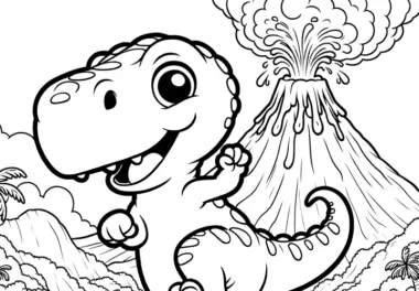Fröhlicher Dinosaurier tanzt vor Vulkanlandschaft