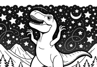 T-Rex Dinosaurier beim Tanzen unter Sternen vor Bergen