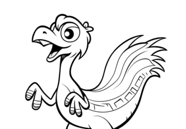 Ohne Hintergrund: Tanzender Dinosaurier mit Federn (Ausmalbild)