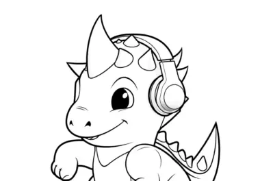 Ausmalbild gratis: Tanzender Dinosaurier mit Kopfhörer