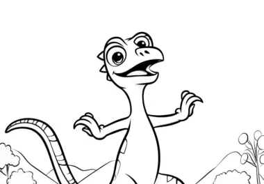 Tanzender Dinosaurier in einer Naturlandschaft (Malvorlage)