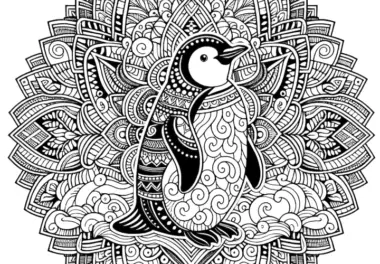 Pinguin-Mandala komplex: Gratis Malvorlage zum Ausmalen