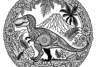 Gratis Mandala zum Ausmalen: T-Rex vor einem Vulkan