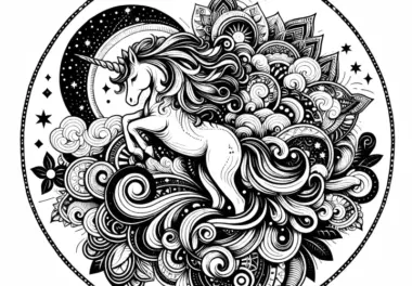 Einhorn-Mandala mit Mond und Sternen: Fantasiewesen zum Ausmalen