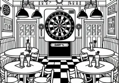 Kneipenraum mit Dartsspiel – Ausmalbild gratis