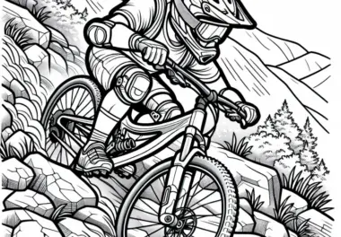 Mountainbiker kämpft sich durch unwegsames Gelände – Malvorlage kostenlos