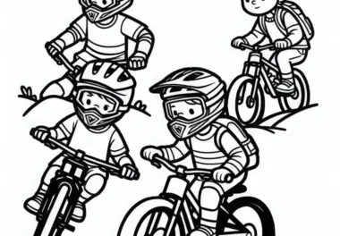 Kinder beim Downhill-Mountainbiking – Ausmalbild kostenlos