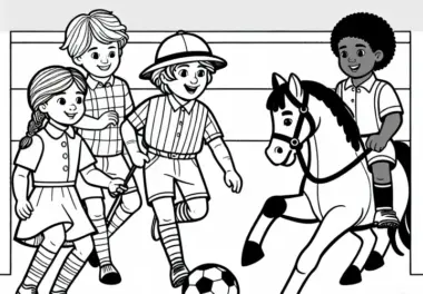 Kinder spielen Horseball – Ausmalbild einfach gratis