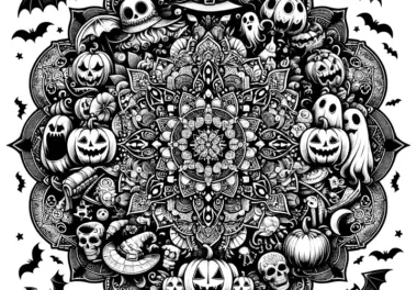 Halloween-Mandala komplex: Kürbisse und Hexenhüte – kreative Malvorlage für Erwachsene (Gratis)