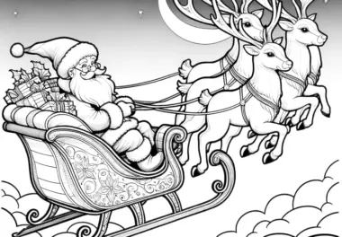 Weihnachtsmann, Schlitten & Rentiere (Ausmalbild)