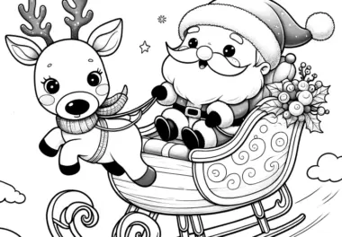 Fröhlicher Weihnachtsmann, Schlitten & Rentier (Ausmalbild)