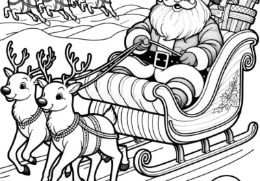 Rentiere ziehen Weihnachtsschlitten – Malvorlage