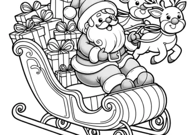 Rentierschlitten, Weihnachtsmann & Geschenke (Ausmalbild)