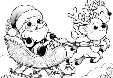 Weihnachtsmann mit Schlitten & Rentieren: Ausmalbild