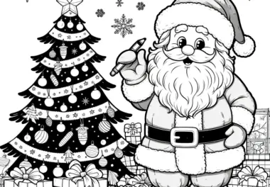 Weihnachtsmann mit Geschenken & Weihnachtsbaum (Malvorlage)