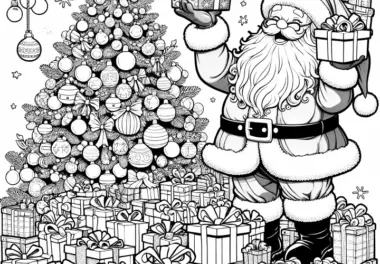 Weihnachtsmann, viele Geschenken & Tannenbaum (Malvorlage)