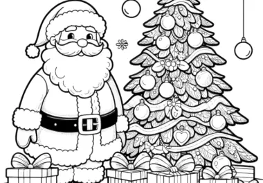 Weihnachtsmann, Geschenke, Tannenbaum: einfaches Ausmalbild