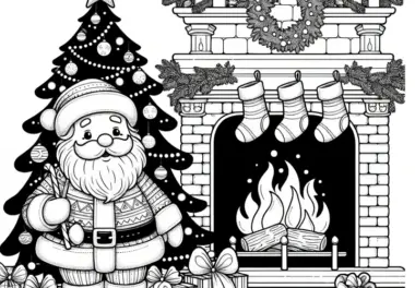 Weihnachtsmann am Kamin vor Tannenbaum (Ausmalbild)