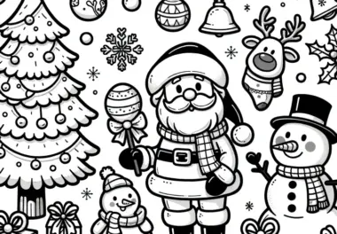 Weihnachtsmann, Schneemann, Tannenbaum: einfaches Ausmalbild