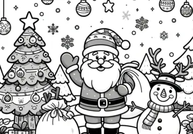Weihnachtsmann, Schneemann, Tannenbaum: einfache Malvorlage