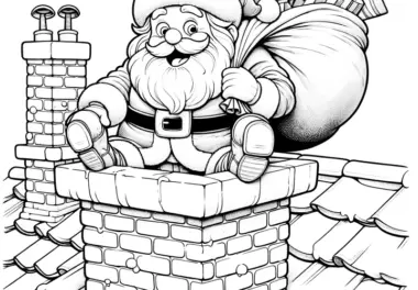 Weihnachtsmann am Schornstein mit Geschenken (Ausmalbild)