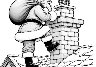 Weihnachtsmann am Schornstein mit Geschenkesack (Malvorlage)