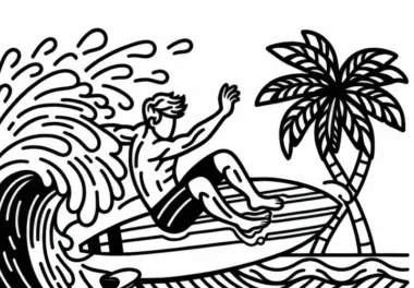 Surfer macht spektakulären Sprung aus einer Welle heraus – Malvorlage kostenlos