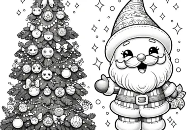 Weihnachtsmann, Weihnachtsbaum & Geschenke (Malvorlage)