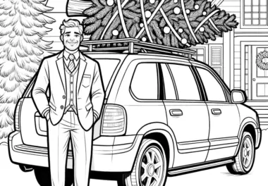 Weihnachtsbaum auf Auto – kostenlose Malvorlage