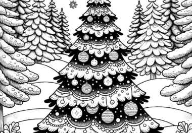Weihnachtsbaum geschmückt mit Weihnachtskugeln (Ausmalbild)