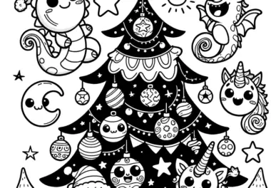 Weihnachtsbaum mit Mond, Sternen & Kugeln (Ausmalbild)