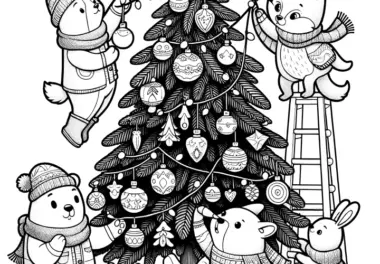 Weihnachtsbaum mit Tieren – kostenlose Malvorlage
