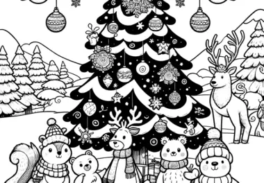 Weihnachtsbaum mit Tieren & Weihnachtskugeln (Ausmalbild)