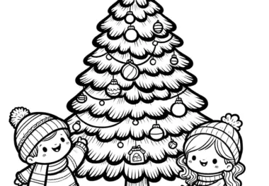 Weihnachtsbaum mit zwei Kindern: kostenlose Malvorlage