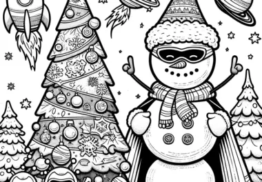 Futuristischer Schneemann mit Planeten & Rakete (Ausmalbild)