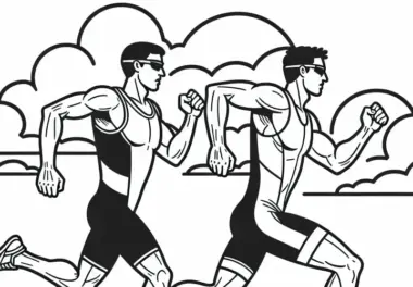 Zwei Konkurrenten überholen sich beim Triathlon im Laufschritt – Malvorlage kostenlos
