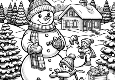 Schneemann & spielende Kinder in Winterlandschaft (Ausmalbild)