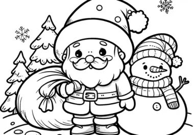 Schneemann & Weihnachtsmann in Winterlandschaft (Ausmalbild)