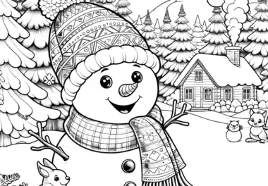 Schneemann in Winterlandschaft mit Eichhörnchen zum Ausmalen