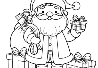 Weihnachtsmann mit Geschenken: einfaches Ausmalbild