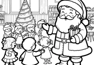 Weihnachtsmann in Grundschule & Kindergarten (Ausmalbild)