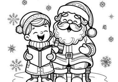 Weihnachtsmann & Kind beim Singen (einfaches Ausmalbild)