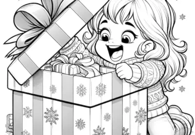 Bescherung: Kind packt Weihnachtsgeschenk aus (Malvorlage)